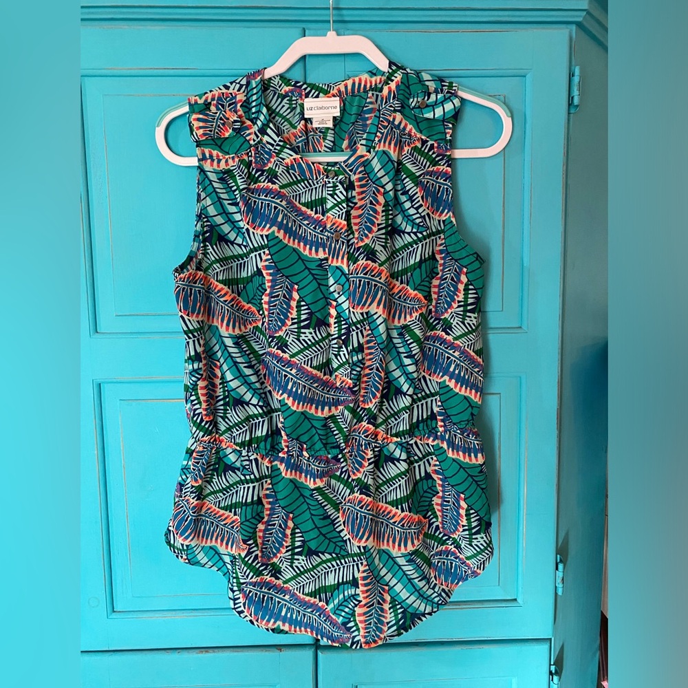 Liz Claiborne Print Peplum Blouse Sleeveless excellent condition Smocked Waist